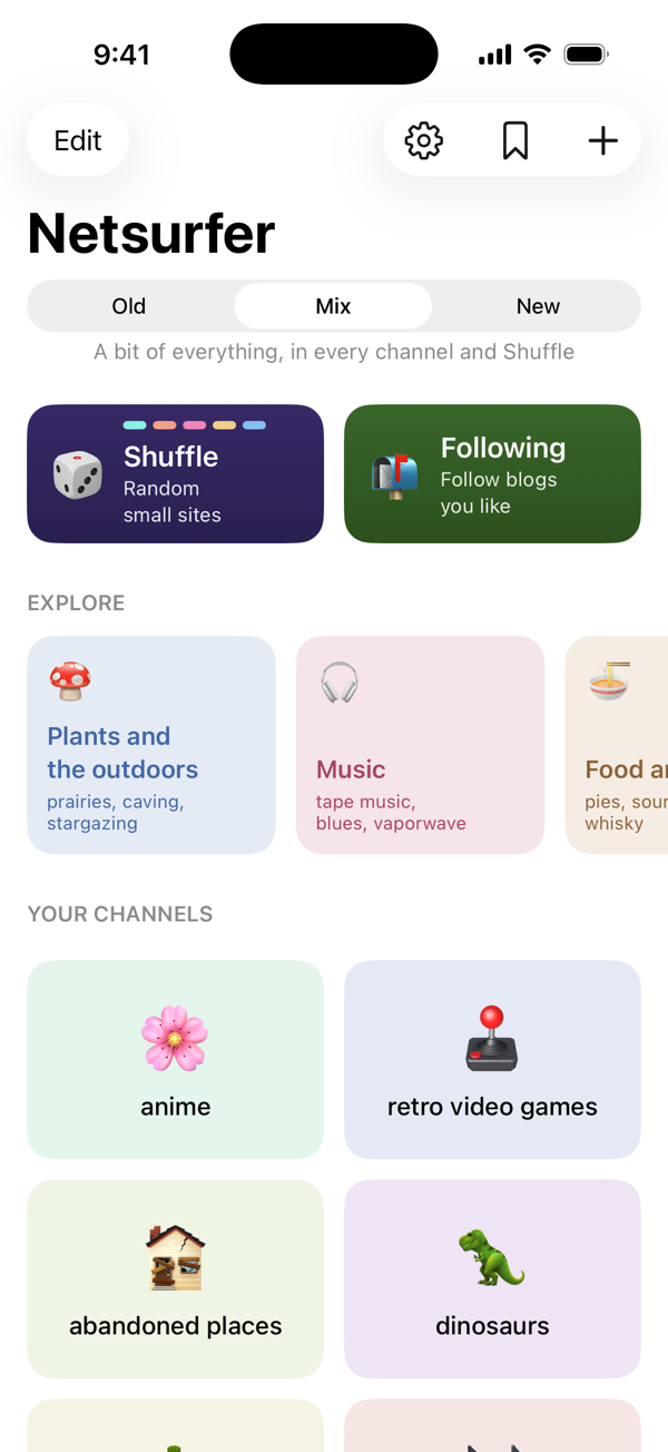 Netsurfer's home screen: an Old / Mix / New switch, Shuffle and Following cards, an Explore row of topic categories such as Plants and the outdoors and Music, and a grid of channels such as anime, retro video games, abandoned places and dinosaurs