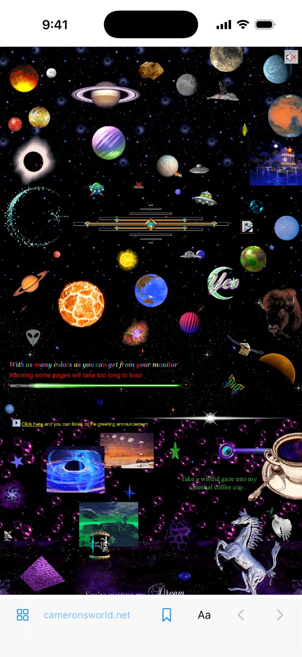 Surfing a channel: Cameron's World, a starry collage of old GeoCities graphics, fills the screen, with Netsurfer's bar at the bottom
